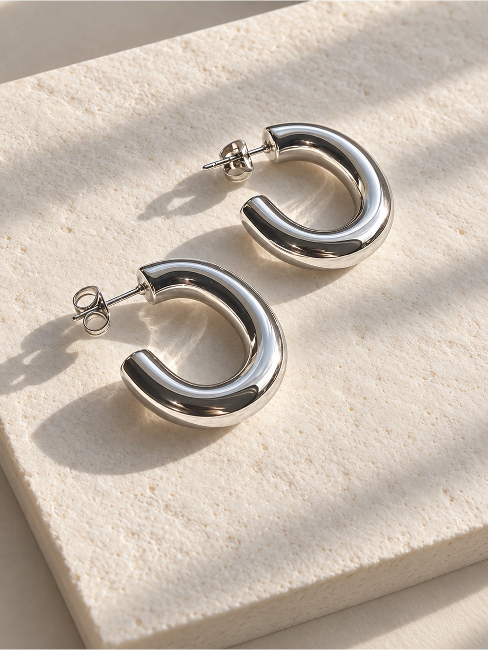Polished Stainless Steel Chunky Hoop Earrings - Women Jewelry